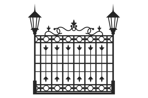 Park Fence: A Decorative Metal Gate with Vintage Lanterns